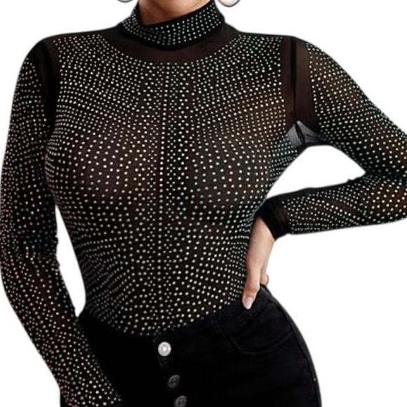 new small sheer mesh all over rhinestone mock neck bodysuit TLS2 2257 - Picture 1 of 11